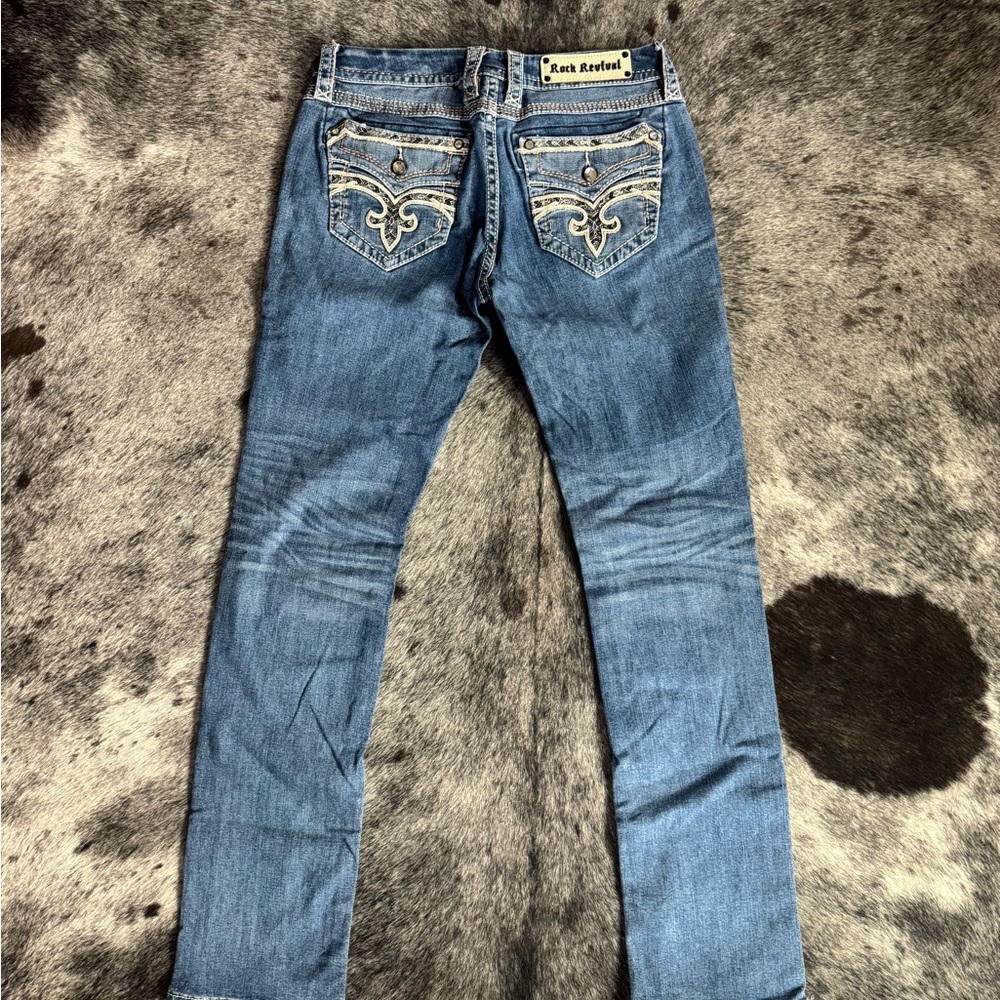 Rock Revival women Medium Blue Slim Straight Jeans with Embroidered Back Pockets